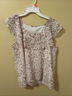 Layer Ruffle Floral Sleeveless Camisole. Cream with Brown flowers. Small medium